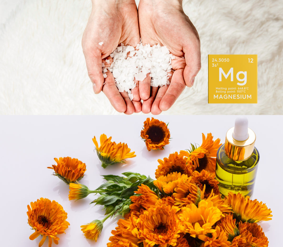Close-up of hands holding white magnesium flakes and a yellow periodic table element sign for magnesium, with a background of a soft white surface.