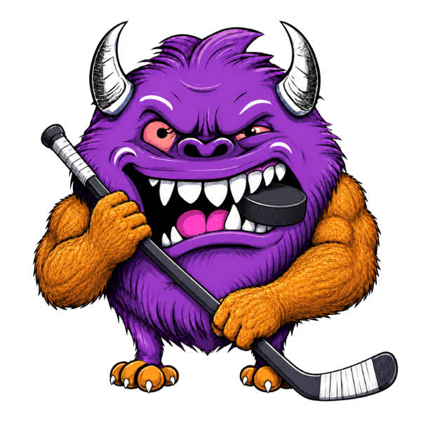 A colorful cartoon flex monster with purple fur, orange arms, and small horns, holding a hockey stick and a puck, with an angry expression.