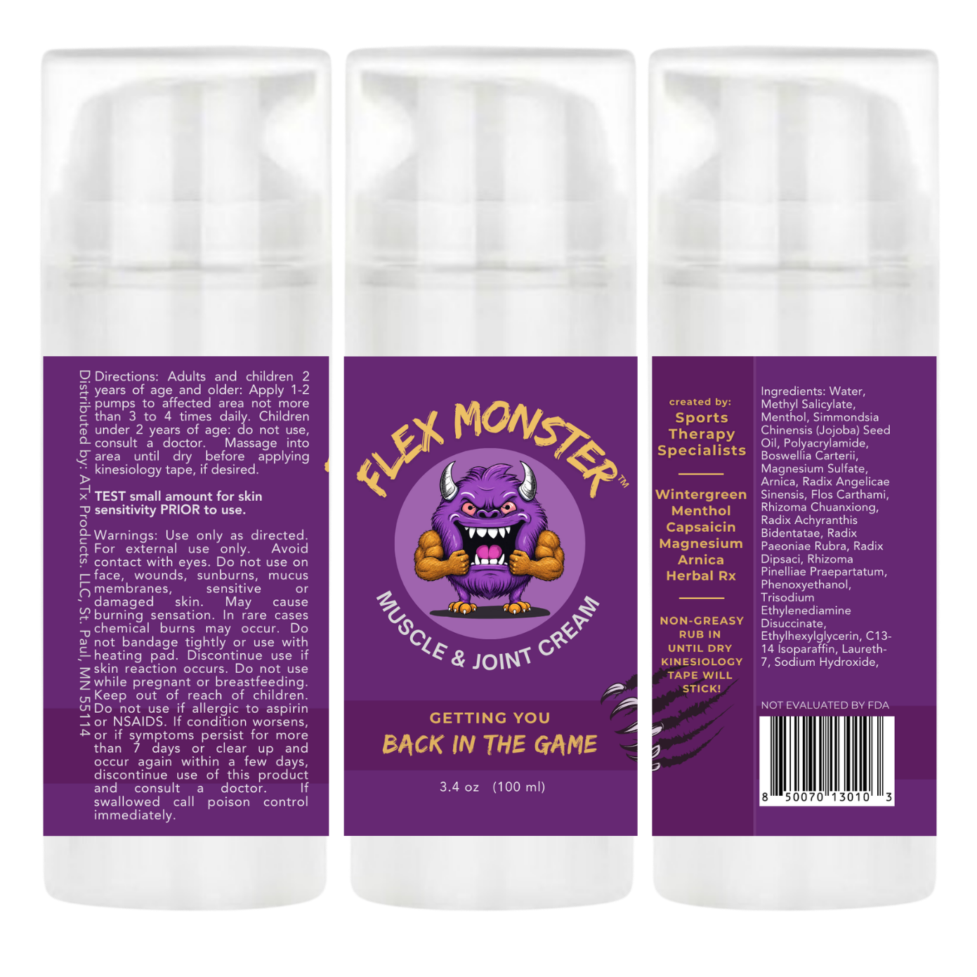 A three-pack of Flex Monster muscle and joint pain cream containers designed for sore muscles with sports therapy ingredients, featuring a purple cartoon monster mascot on the label.