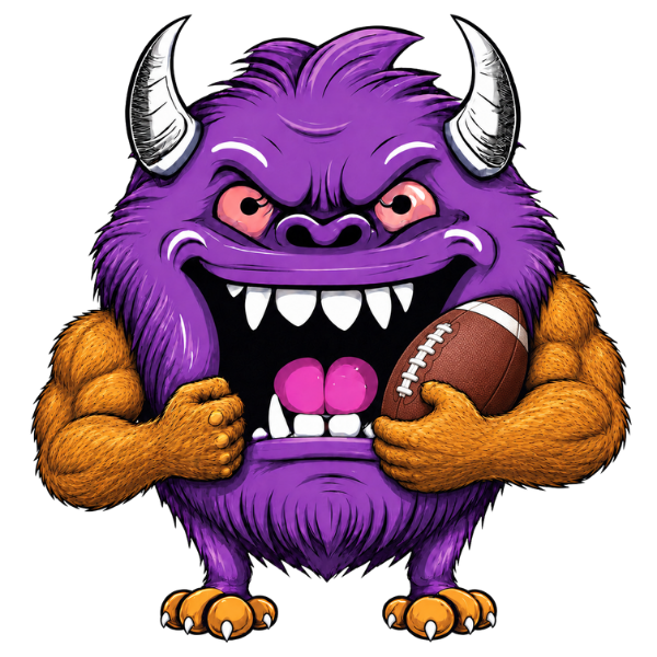 A cartoon purple flex monster with horns, sharp teeth, and orange fur-covered arms holding an American football.