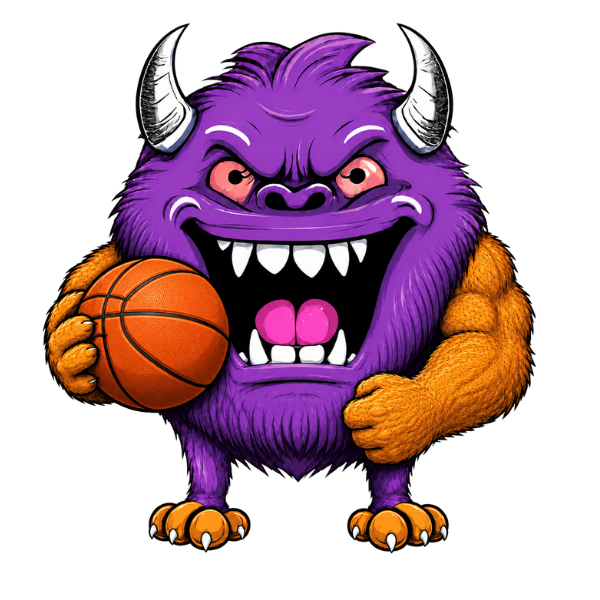 A purple, flex monster with horns, sharp teeth, and red eyes, holding a basketball.