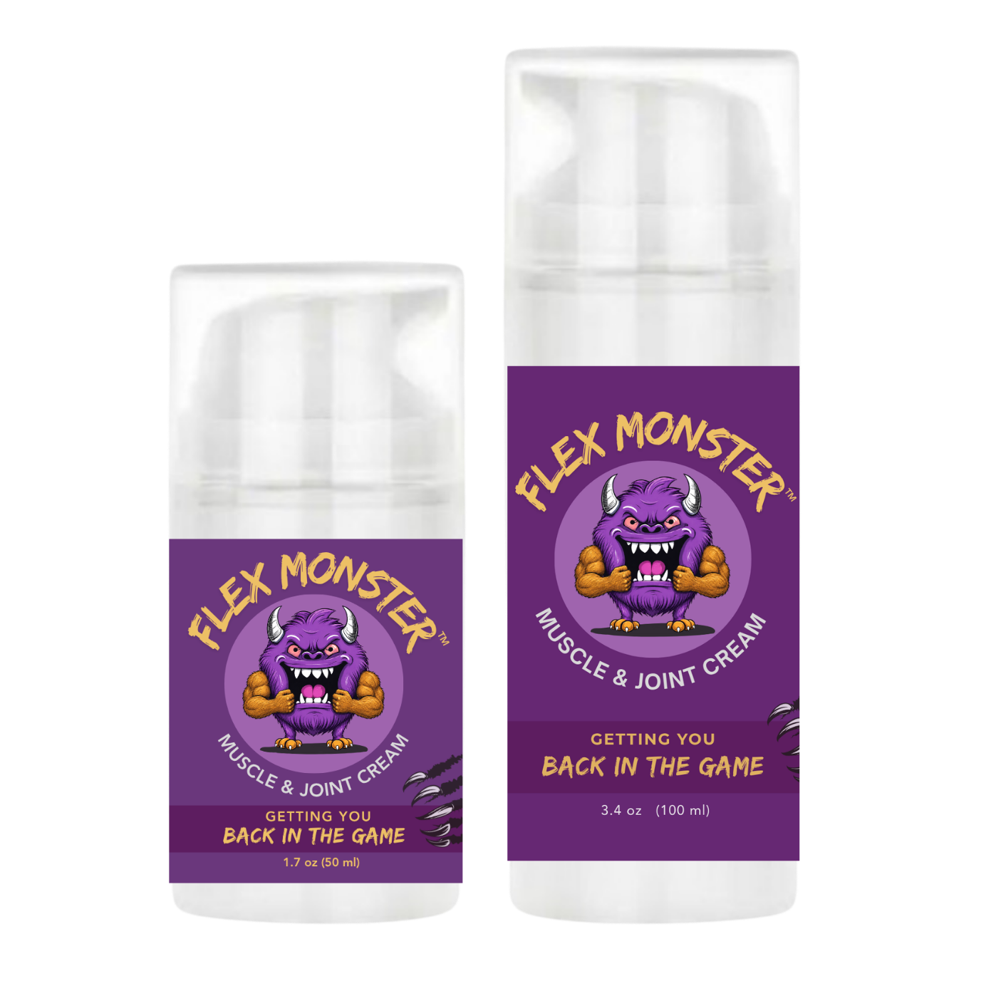 Two bottles of Flex Monster muscle and joint cream, one 1.7 ounces and the other 3.4 ounces, with purple labels featuring a cartoon purple monster with horns and muscular arms.
