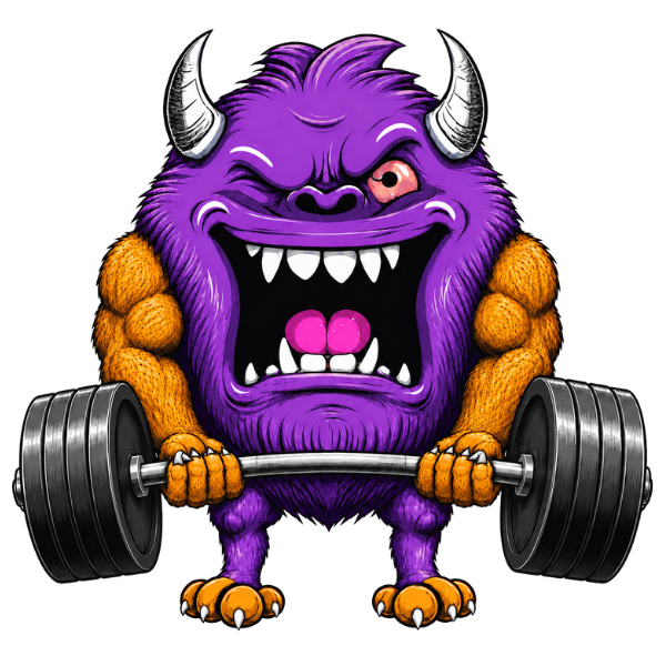 A cartoon flex monster with purple fur, orange arms and feet, horns, and a fierce expression, lifting a large barbell with weights.