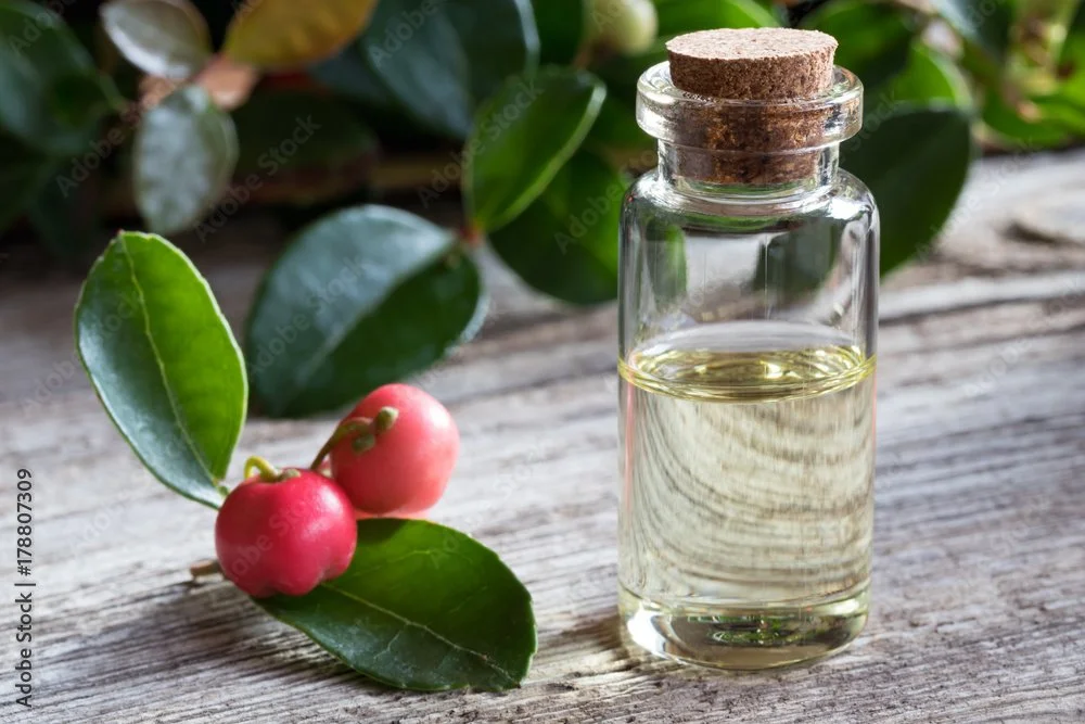 A small glass bottle with a cork stopper partially filled with light yellow liquid, placed on a wooden surface with pink berries and dark green leaves nearby.