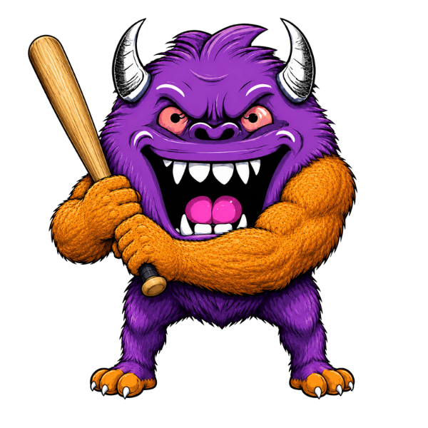 A cartoon flex monster with purple fur, horns, orange arms, and a big open mouth holding a baseball bat.