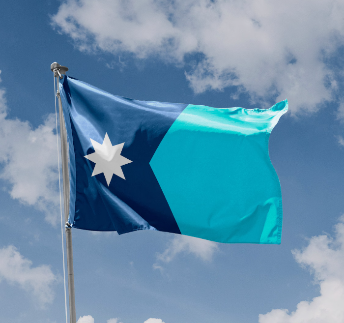 A blue flag with a white star and a shape resembling a chevron, waving against a partly cloudy sky.