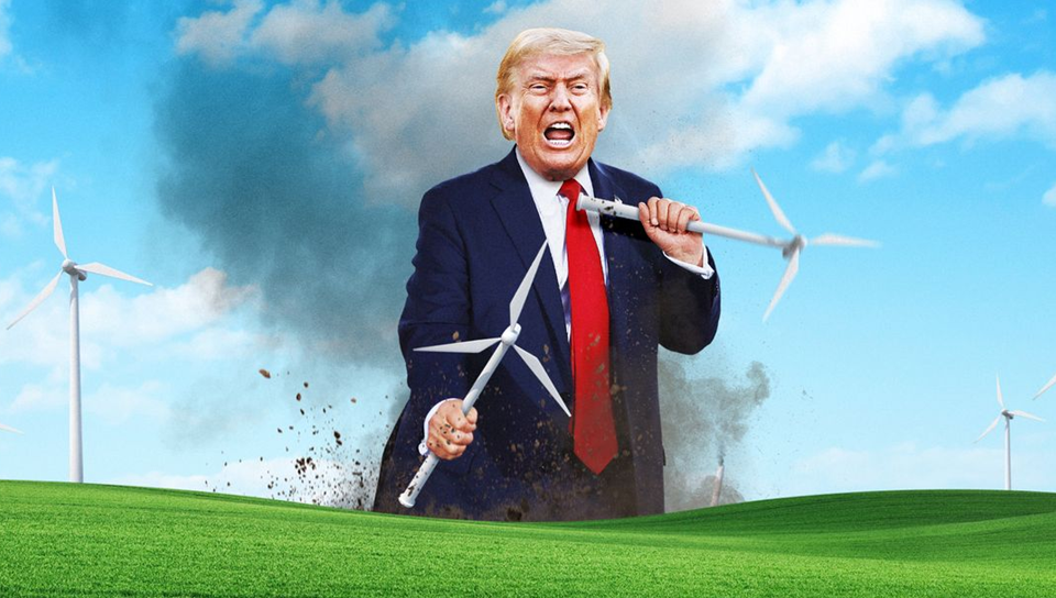 A digitally altered image of Donald Trump with a fierce expression, holding a broken wind turbine blade amidst a landscape with wind turbines and a partly cloudy sky.