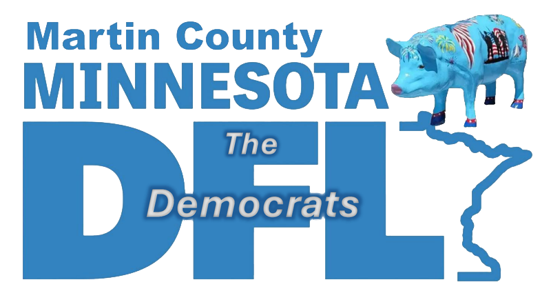 Graphic with text saying 'Martin County Minnesota The Democrats' featuring a blue pig with American flag patterns standing on a map outline of Minnesota.