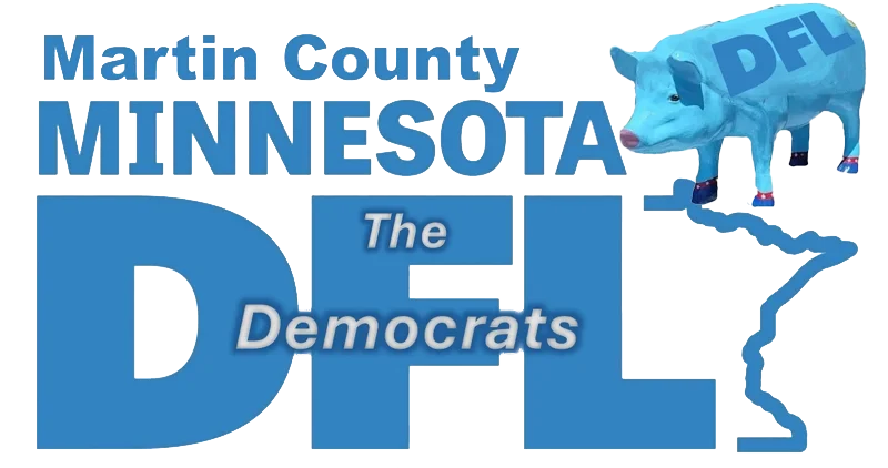 A political sign for the Martin County Minnesota Democrats featuring a blue pig with the DFL logo and a map outline of Minnesota.