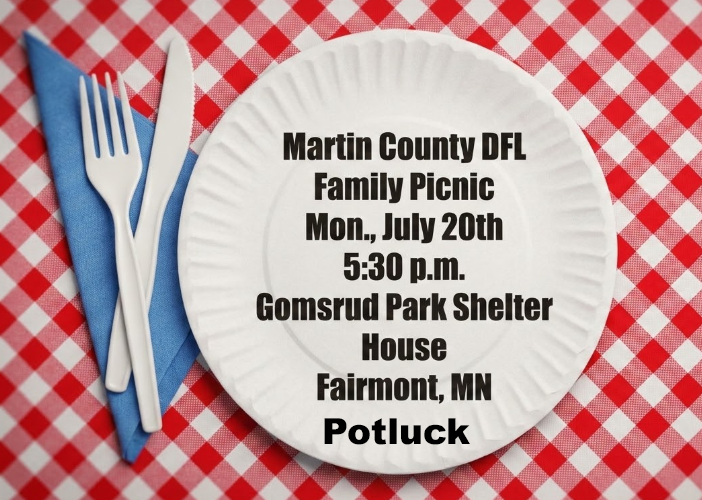 Informational flyer for Martin County DFL Family Picnic with details about the date, time, location, and potluck event.