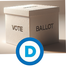 A cardboard ballot box labeled 'VOTE BALLOT' with a blue Democratic Party logo.