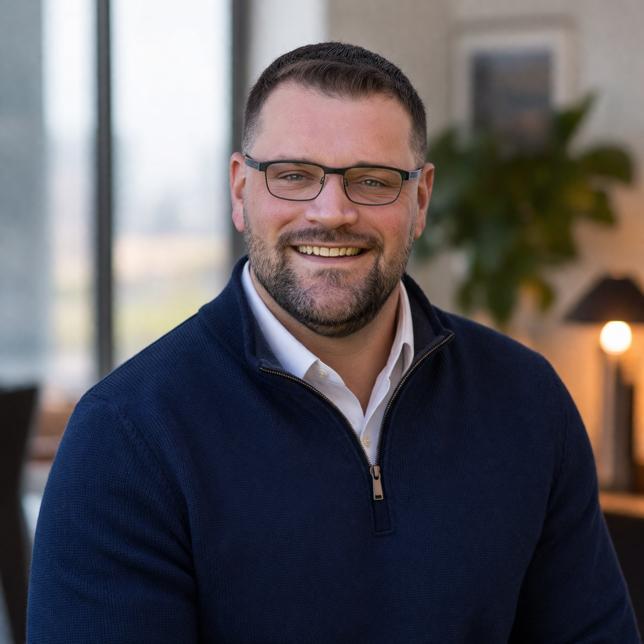 A man with glasses, a beard, and short hair smiling in an indoor setting with a blurred background that includes a window and a plant.