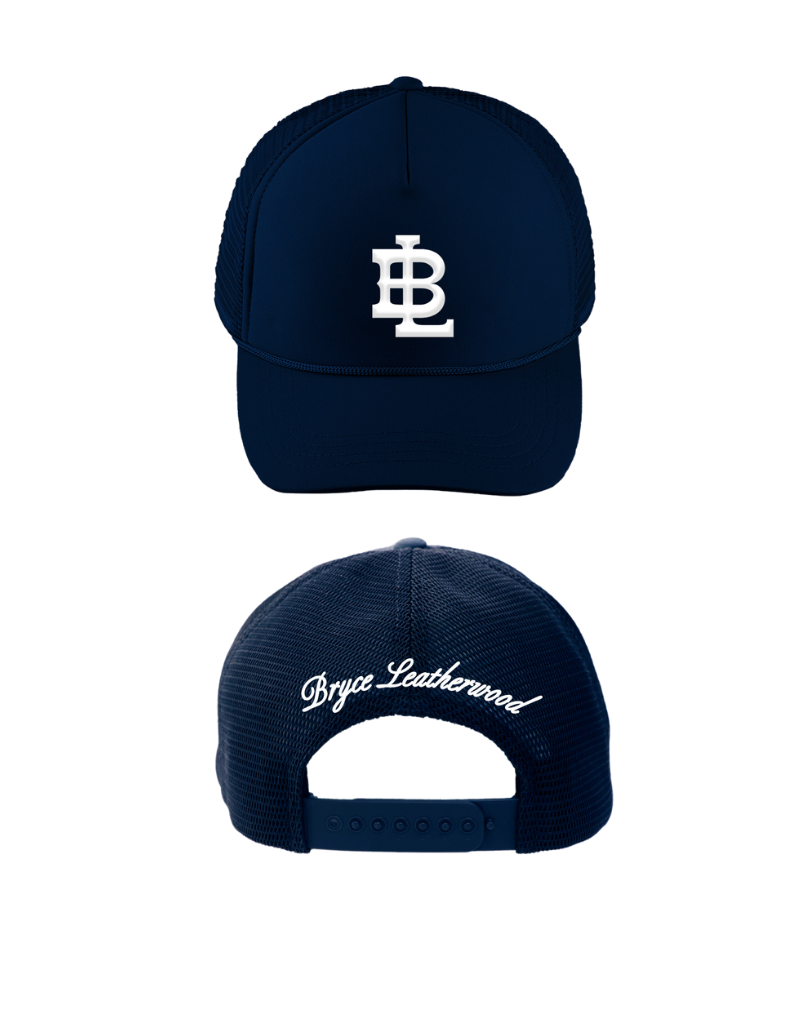 A navy blue baseball cap with the LB logo on the front and "Bryce Leatherwood" embroidered on the back.