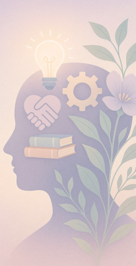 Silhouette of a human head with symbols inside: a lightbulb, a handshake, a gear, and books. Green leaves and a large flower grow from the head, representing ideas, collaboration, and growth.