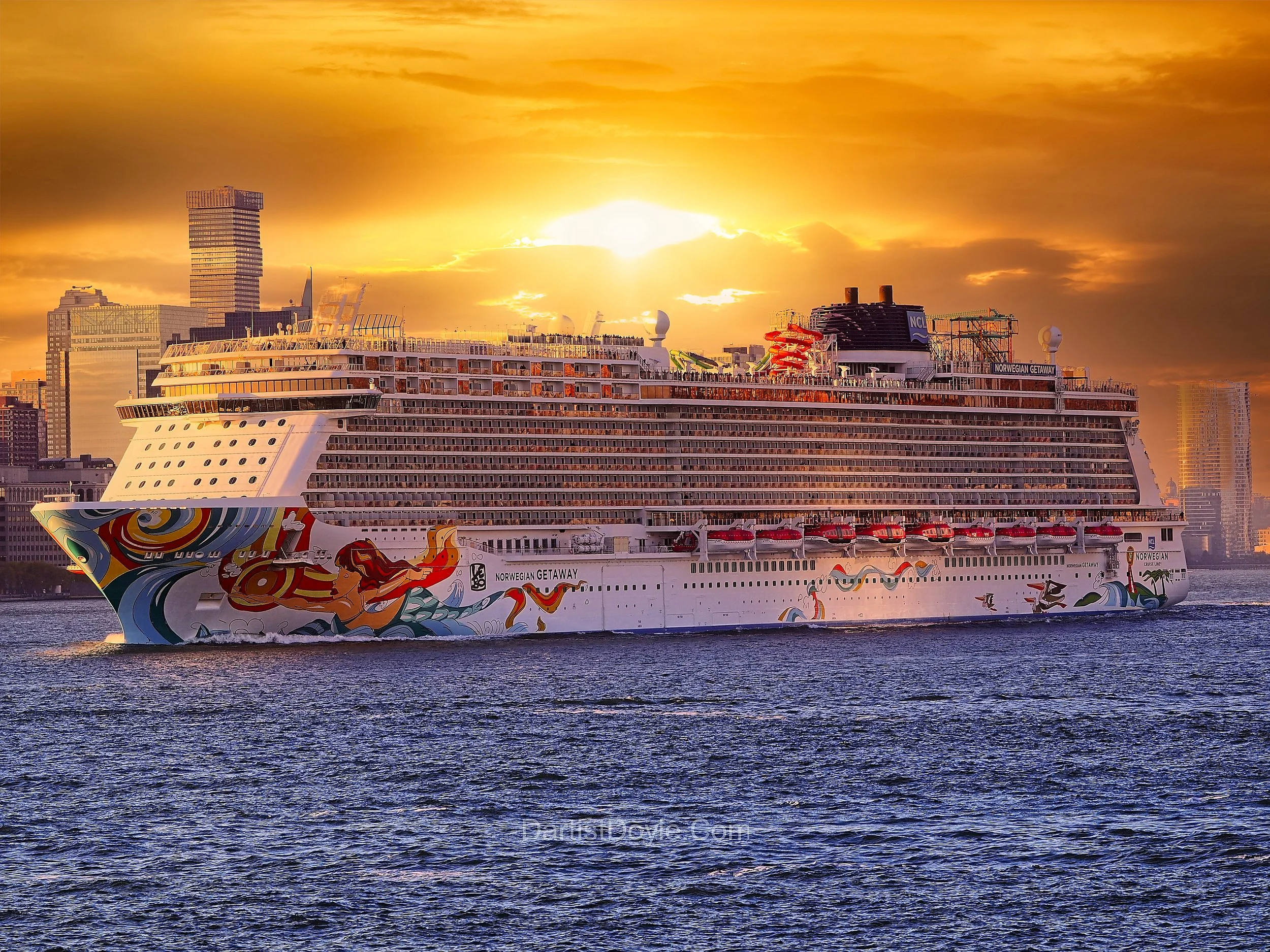 A large cruise ship named Norwegian Getaway sailing in a city harbor during a golden sunset, with skyscrapers in the background.