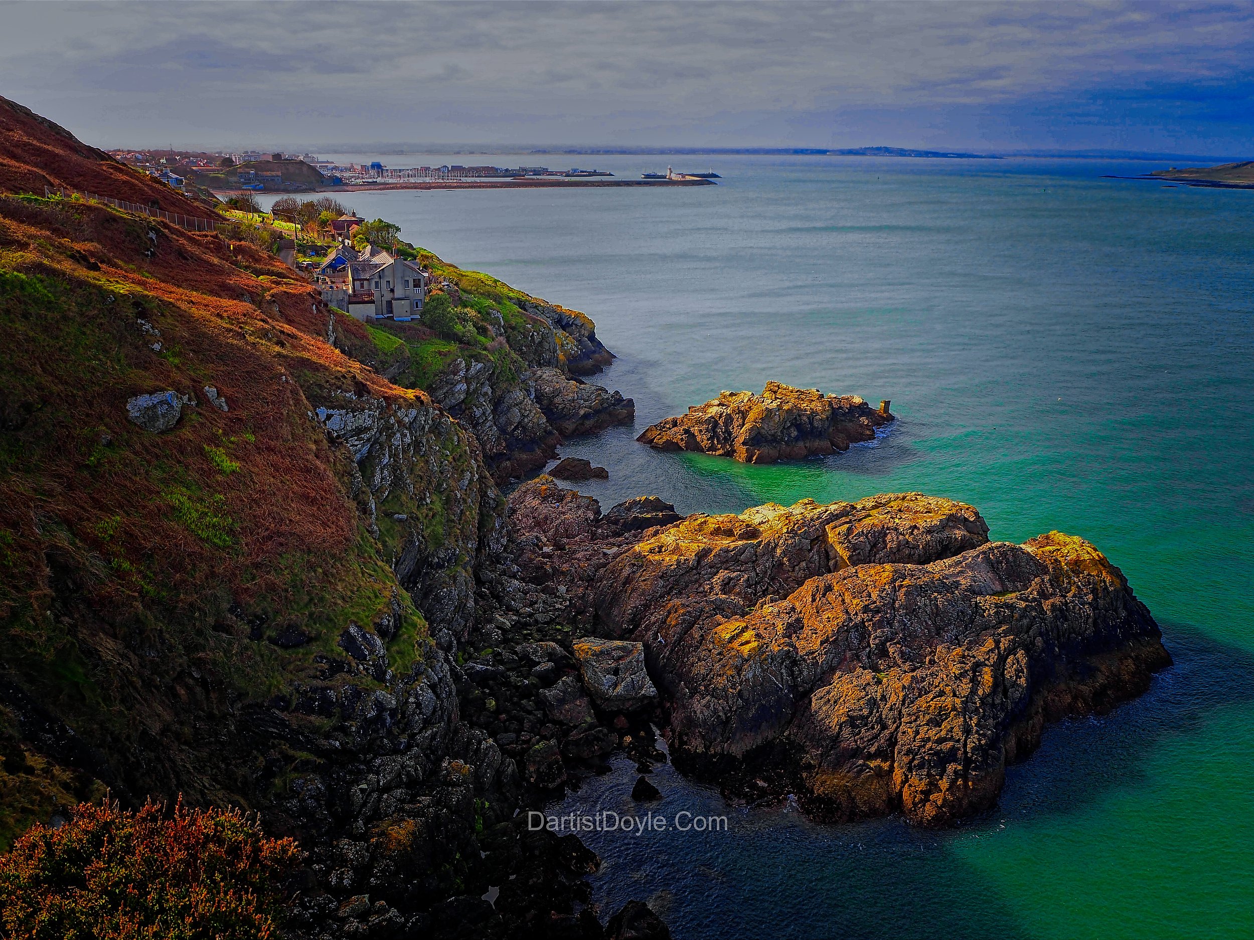 A coastal landscape featuring rocky cliffs with sparse vegetation, overlooking a large body of water with a distant shoreline and port facilities in the background. The sky is cloudy and overcast.