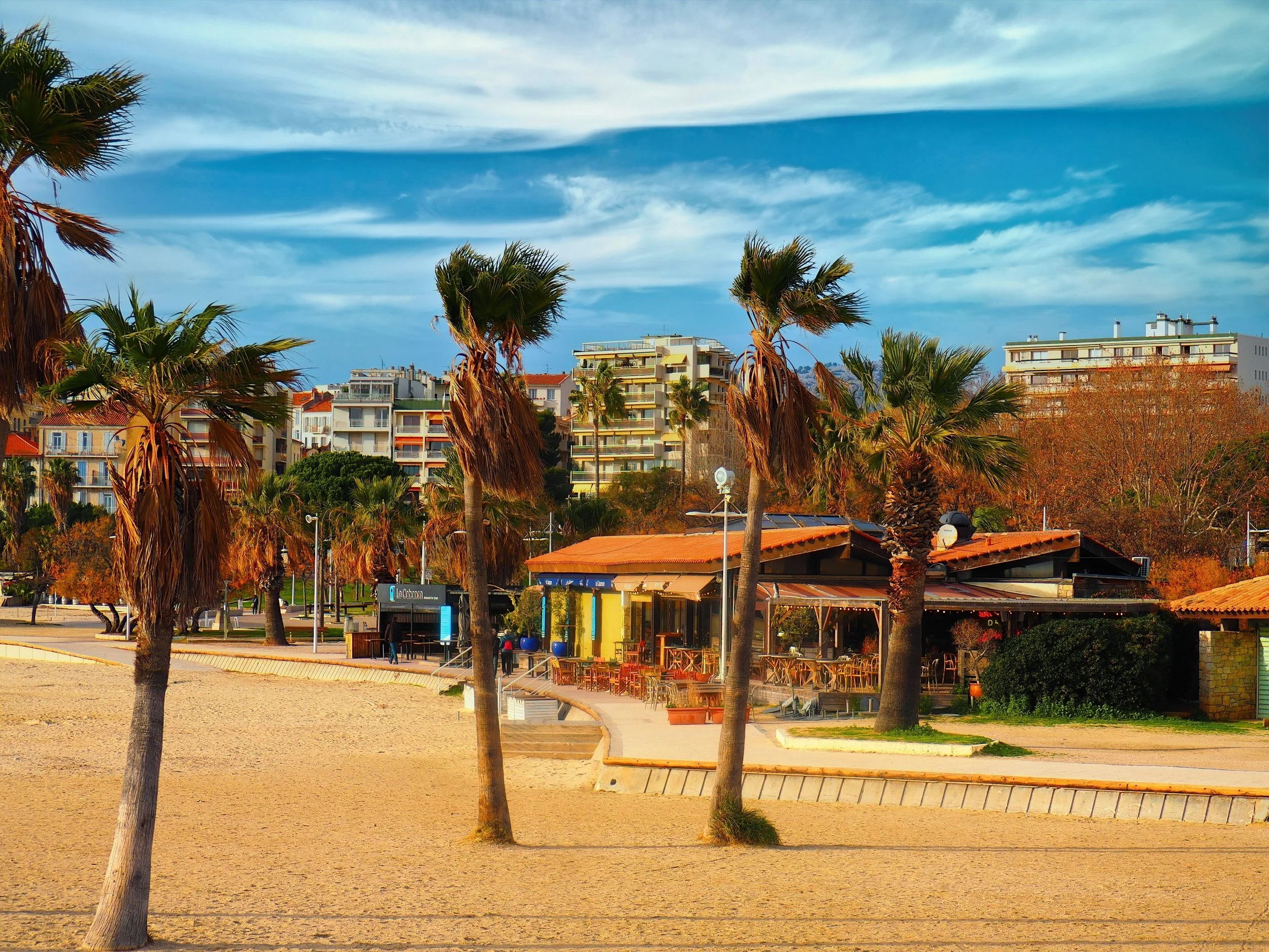 Palm trees along a sandy beach with a walkway, outdoor seating, and multi-story buildings in the background under a cloudy sky.