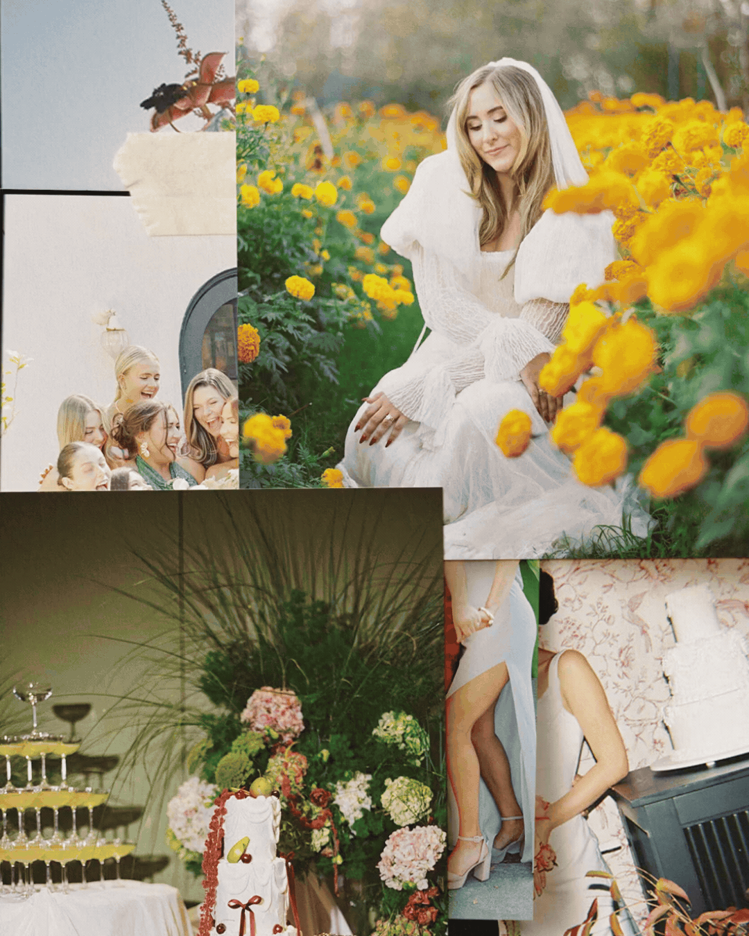 Collage of four photographs including people enjoying a spring or summer day, a woman in a garden surrounded by yellow flowers, a decorated cake with flowers and greenery, and a person in floral attire sitting on a sofa.