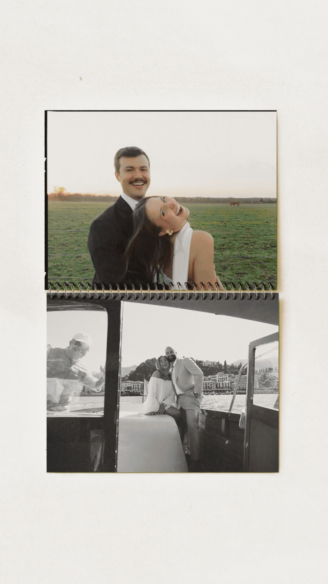 Two printed photographs of a couple on a boat, one in color showing them smiling and the other black and white with a similar pose, both on a waterway with buildings in the background.