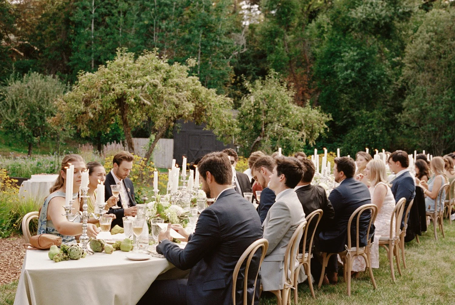A large outdoor dinner party with many people sitting at a long table decorated with candles and flowers, in a garden with trees and greenery.
