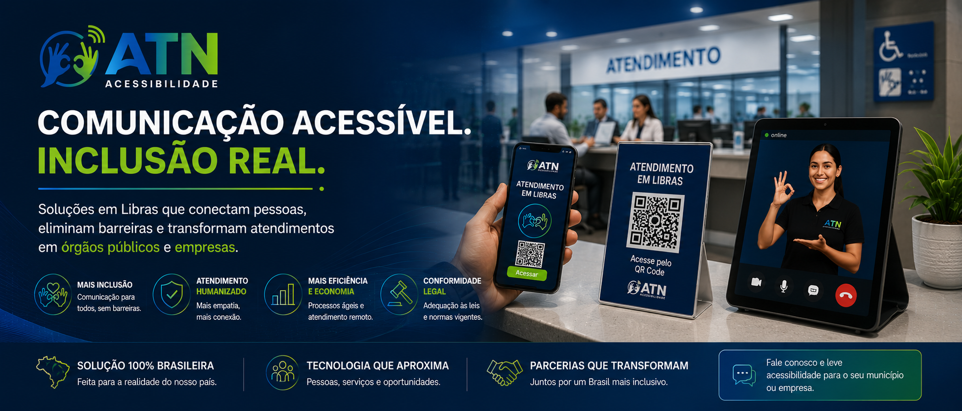 Imagem de divulgação de soluções de acessibilidade na mobilidade, com texto destacando comunicação acessível e inclusão real, mostrando um celular, um tablet e um videochamado, indicando atendimento em libras para pessoas surdas, com fundo de um balcão de atendimento em um local público.