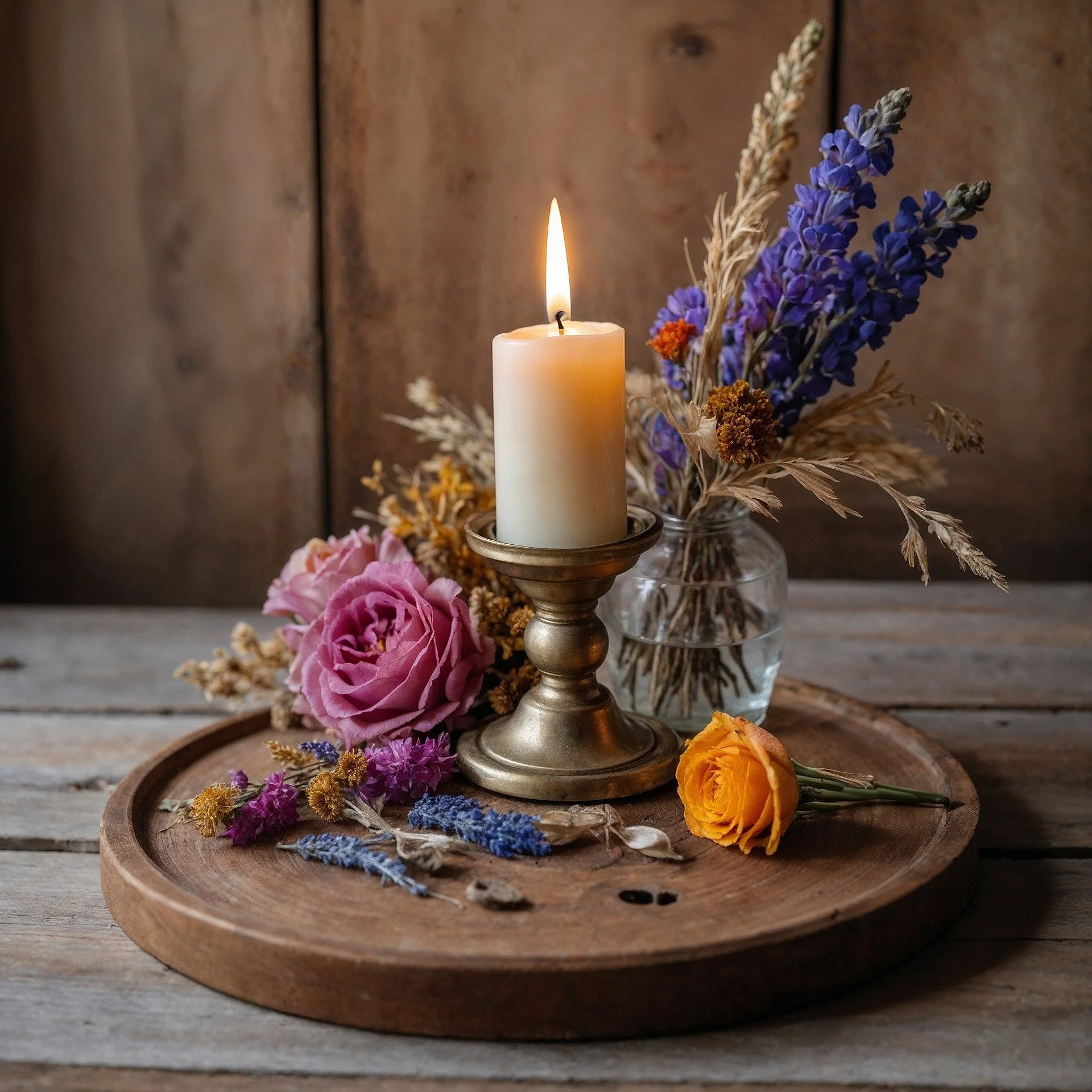A round wooden tray with a rustic wooden wall in the background. The tray holds a lit white candle in a brass candlestick holder, a bouquet of dried flowers (including wheat stalks, purple lupine, pink and orange roses).
