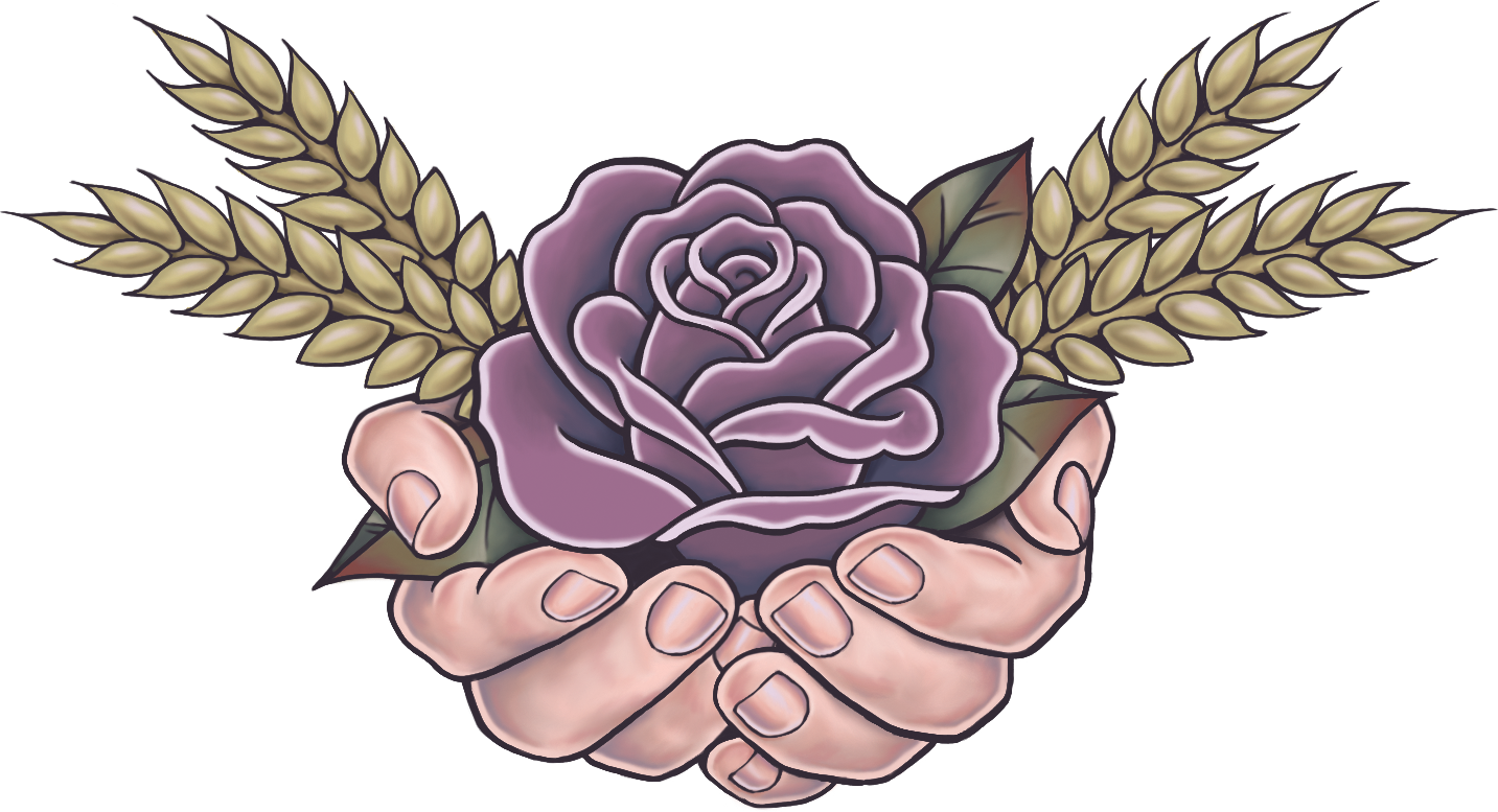 An illustration of two cupped hands holding a large purple rose and some wheat stalks.