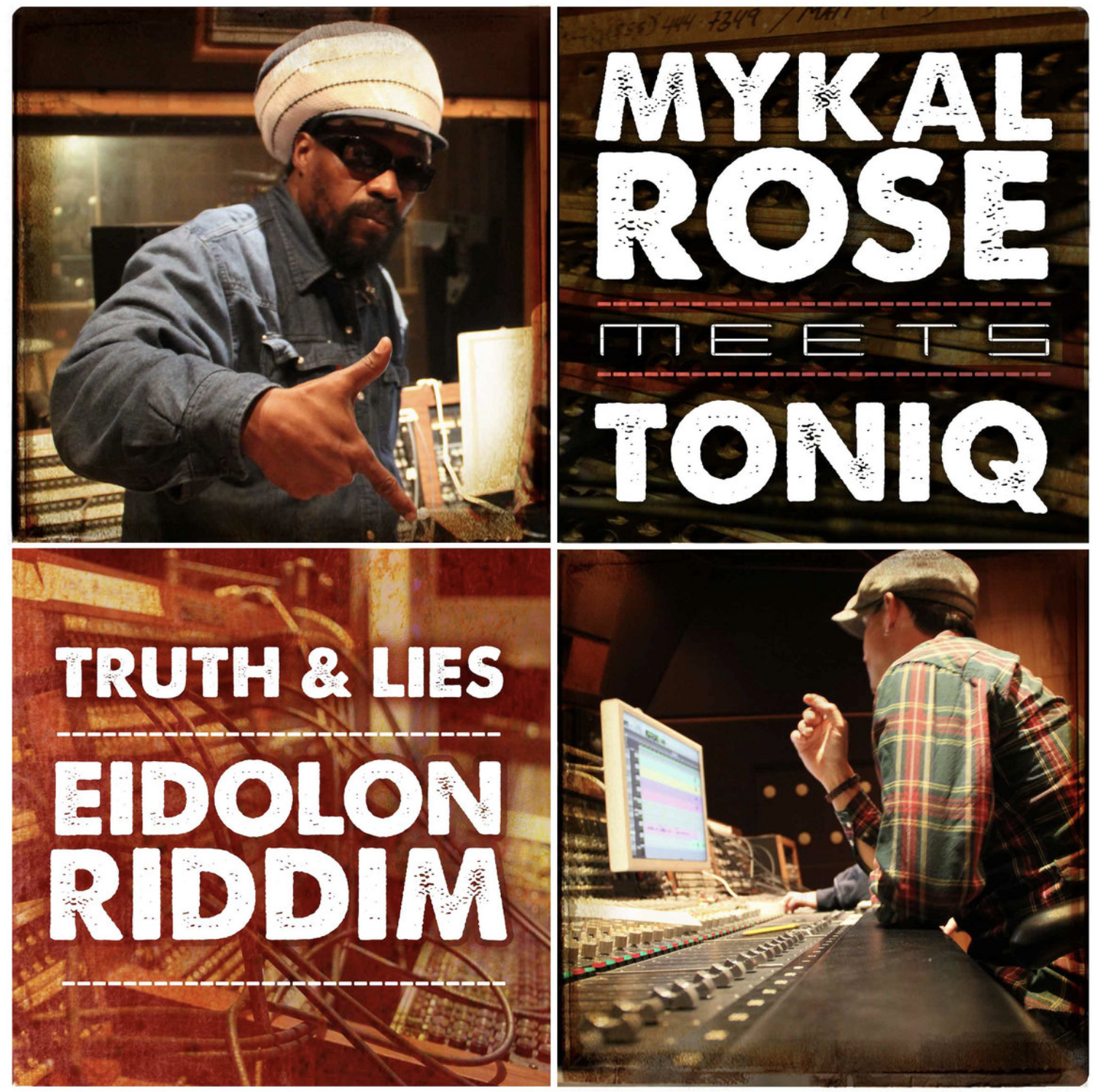 A music producer in a recording studio with a computer and mixing console, wearing a plaid shirt and cap, working on music tracks. The collage includes text panels with the phrases "Mykal Rose Meets Toniq," "Truth & Lies," and "Eidolon Riddim," indicating a reggae music production titled "Truth & Lies" by artist Mykal Rose and producer Toniq.
