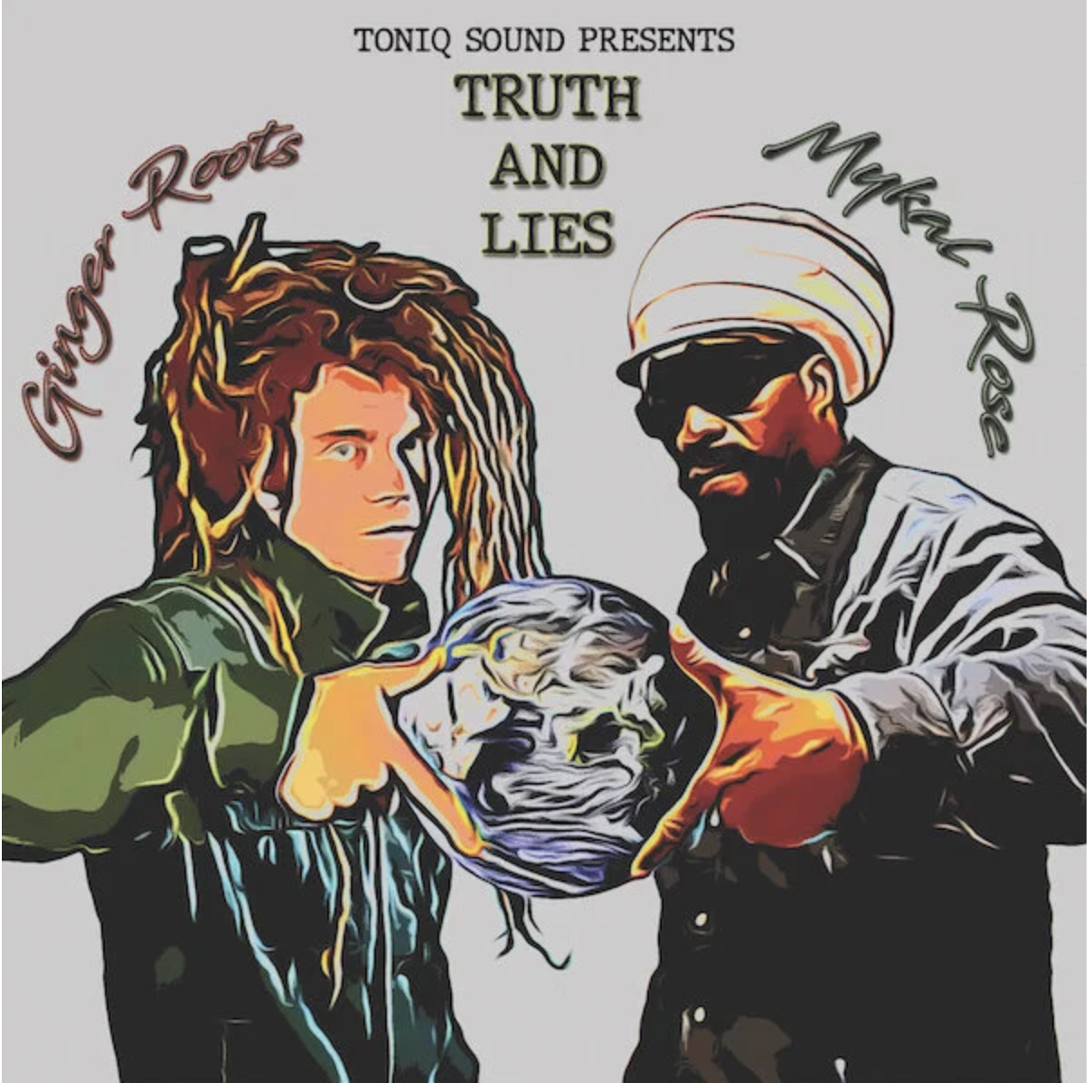 Illustration of two men holding a skull, with text that says 'Roots' on the left, 'Make Rie' on the right, and 'Truth and Lies' at the top center.