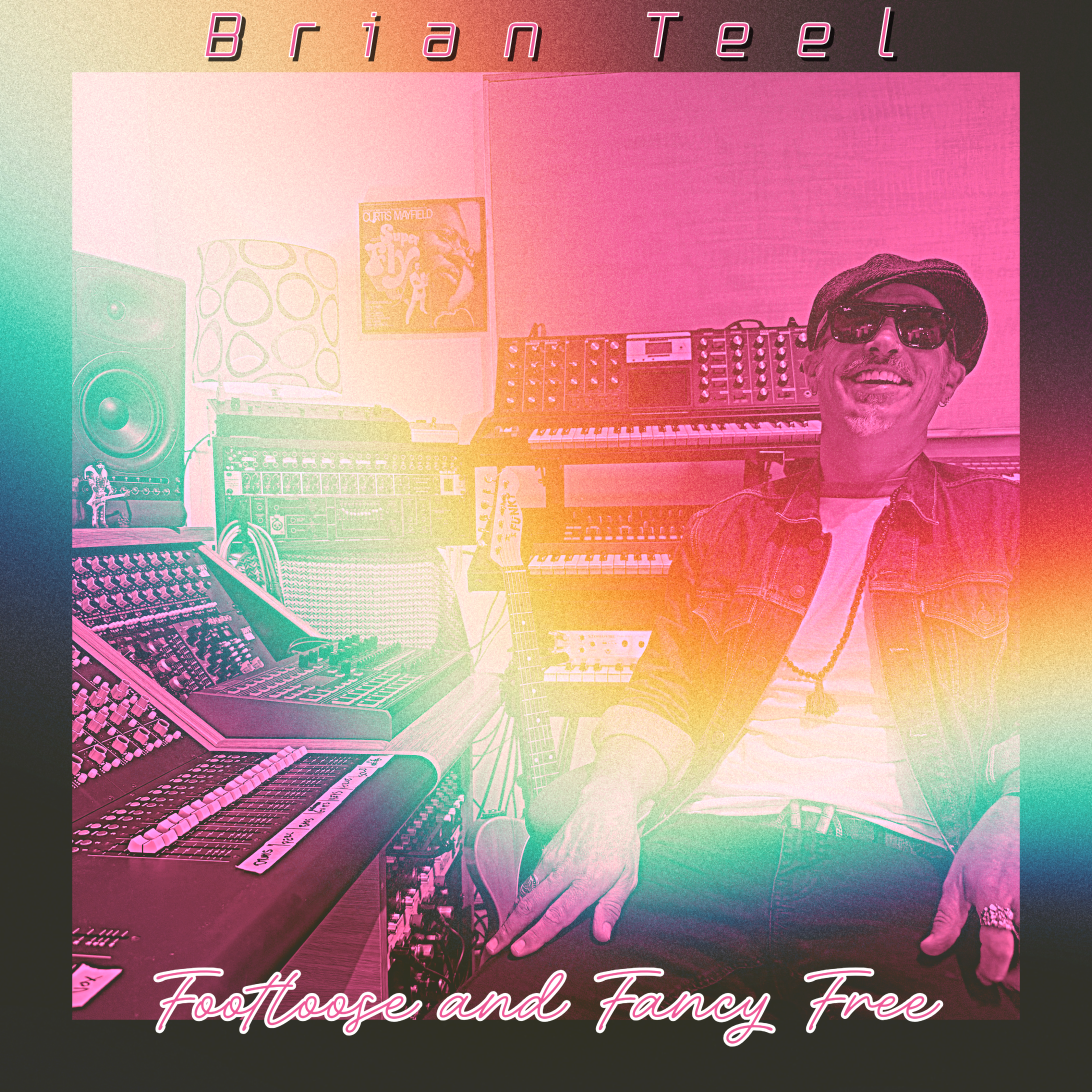 A music studio with an electronic keyboard, mixing console, and speakers. A person wearing sunglasses, a hat, and jewelry is smiling behind the equipment. Text at the top reads 'Briani Reel' and at the bottom, it says 'Footsteps and Fancy Free.'