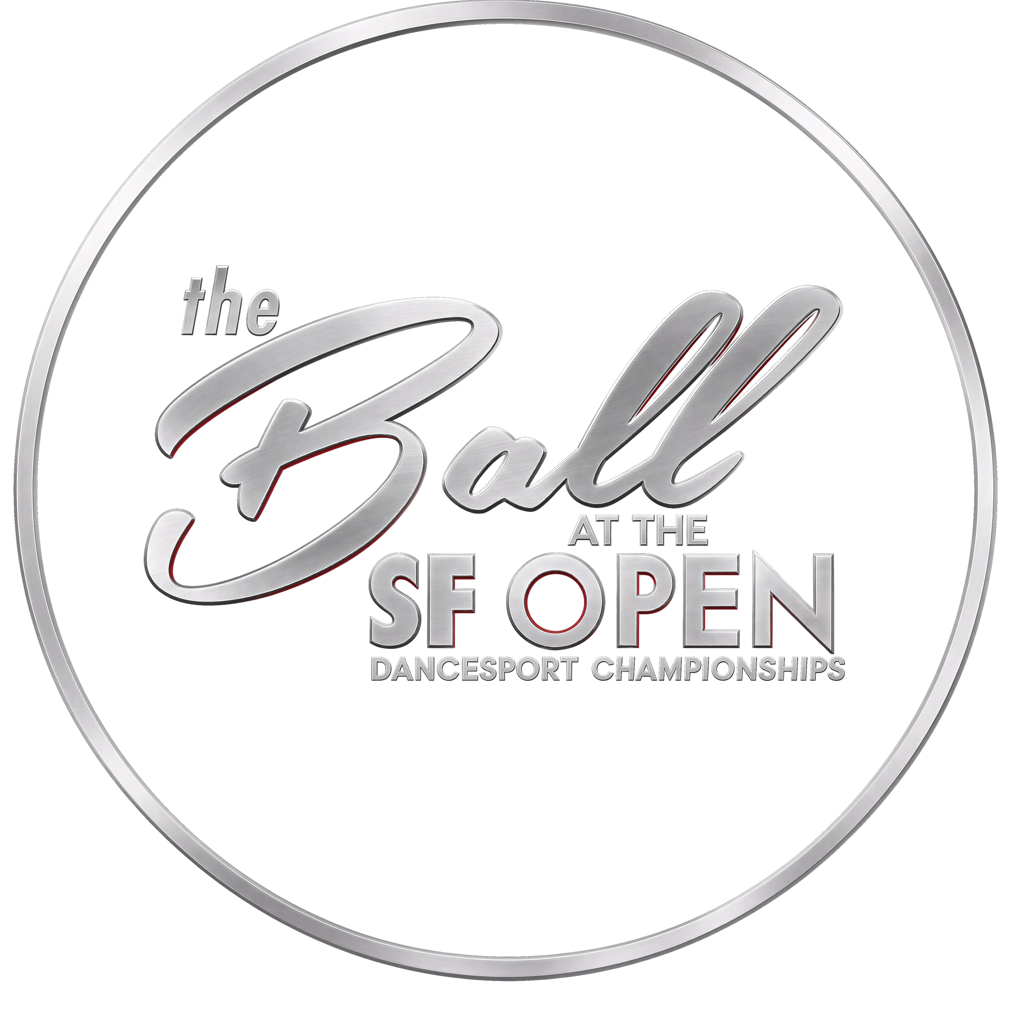 A circular metallic emblem with the words "the 2023 World at the Open Dancesport Championships" in stylized silver and red lettering.