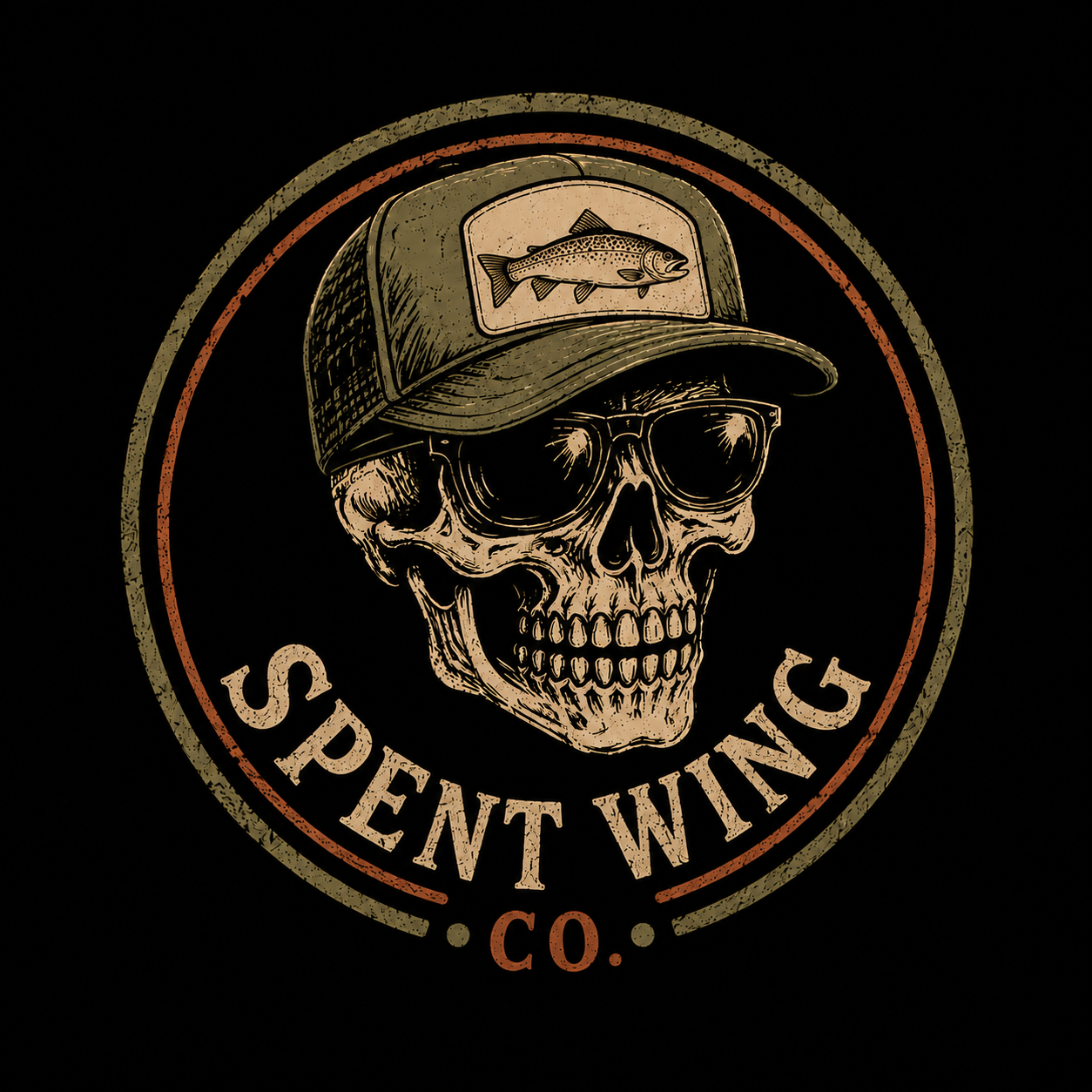 A logo featuring a skull wearing sunglasses and a baseball cap with a fish on it, encircled by text reading 'SPENT WING CO.'