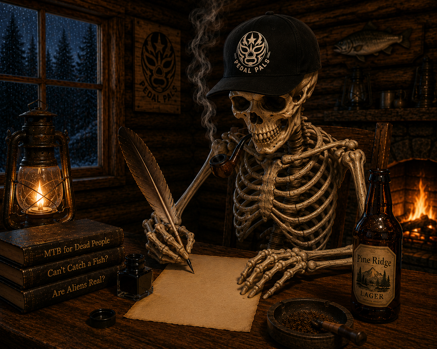 A skeleton wearing a Pedal Pals cap, smoking a pipe, and holding a quill pen, sitting at a wooden desk in a cozy cabin with a stone fireplace, a lantern, a beer bottle labeled Pine Ridge Lager, an ink bottle, and books titled 'MTB for Dead People,' 'Can't Catch a Fish?' and 'Are Aliens Real?'; a window shows a snowy outdoor scene.