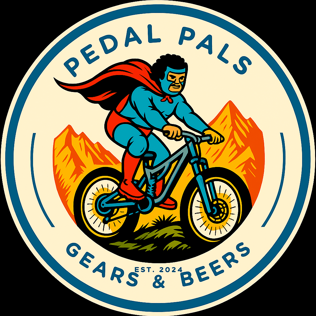 A circular logo featuring a superhero riding a mountain bike, with mountains in the background and the text "Pedal Pals Gears & Beers," established in 2024.