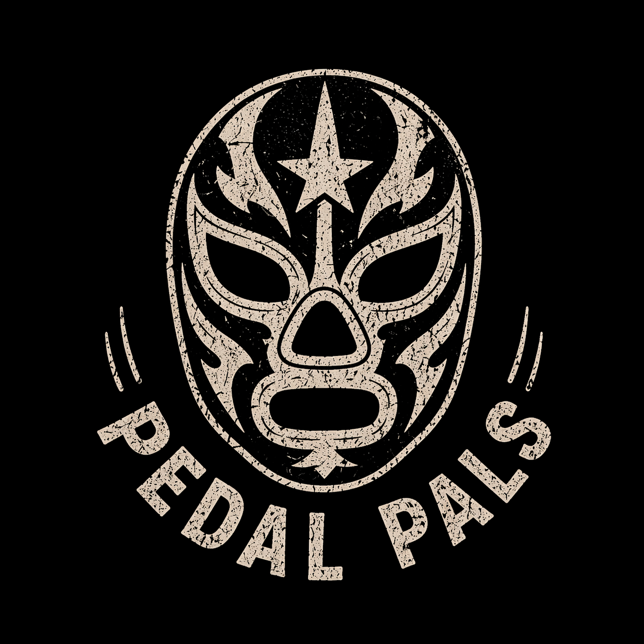 A stylized luchador mask graphic in beige with tribal patterns and a star on the forehead, with the text 'FEDAL PALS' curved below.
