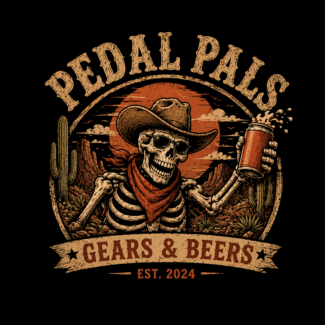 A skeleton wearing a cowboy hat and red bandana, holding a beer mug, with a desert sunset, cacti, and rocky formations in the background. Text reads 'Pedal Pals Gears & Beers EST. 2024'.