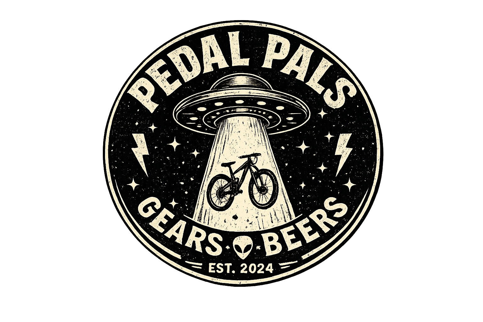 Logo for Pedal Pals featuring a UFO beaming up a bicycle with stars and lightning bolts in a circular design, established in 2024, with a small alien head at the bottom.