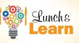 Illustration of a light bulb with colorful gears inside, next to the words 'Lunch & Learn' in black and orange text.