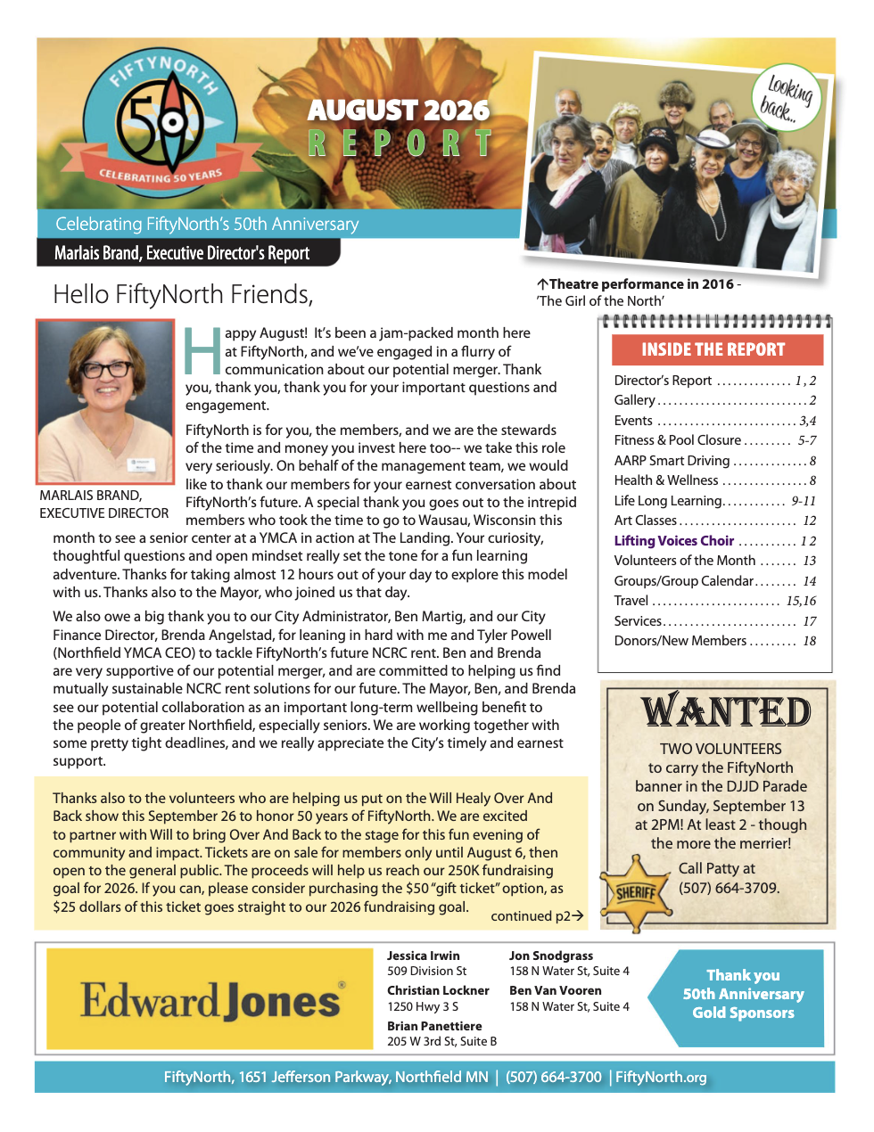 August 2026 report celebrating FiftyNorth's 50th anniversary, with a group photo of seniors, a flower graphic, and details about events and volunteering at FiftyNorth in Northfield, Minnesota.