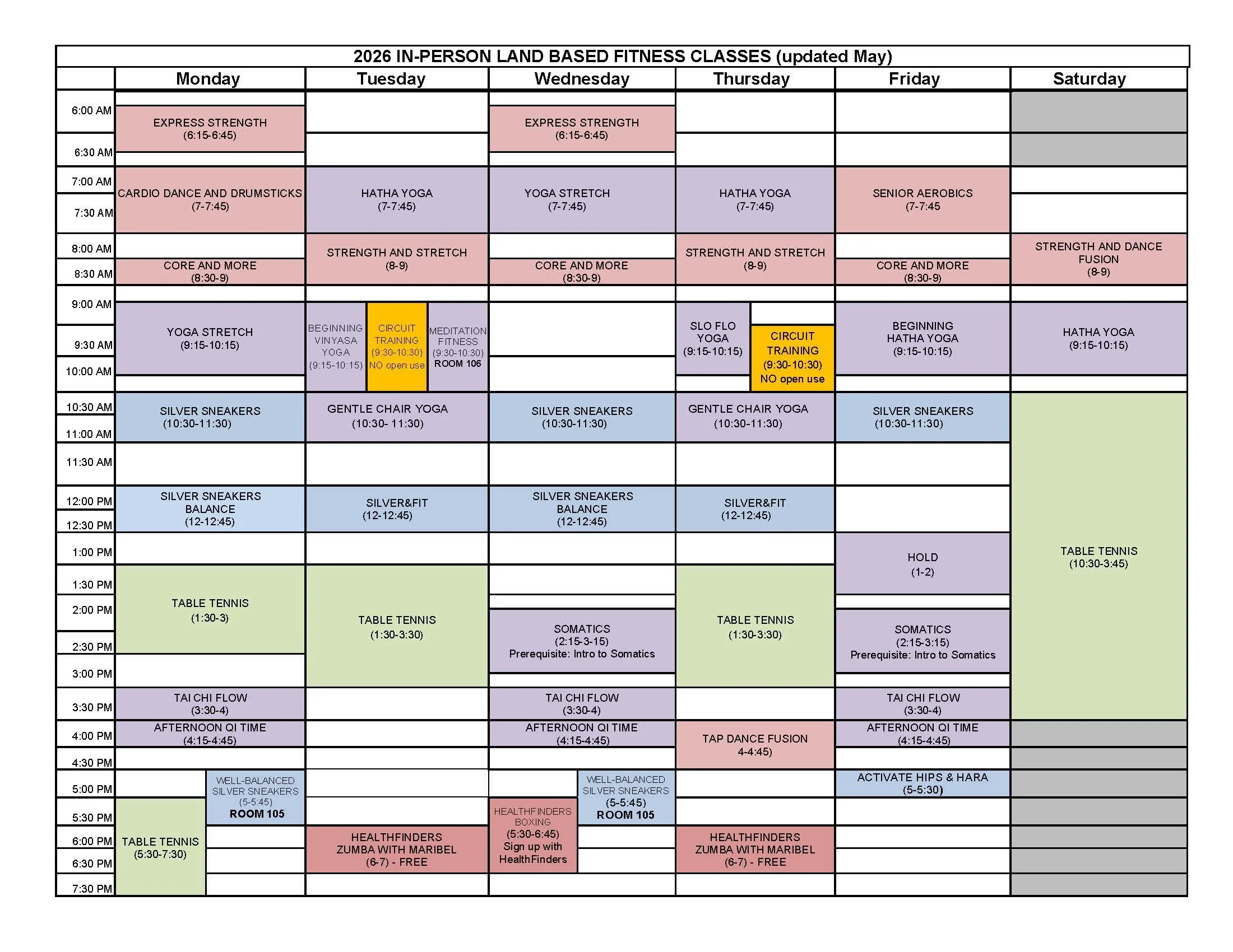 Weekly fitness class schedule with days of the week and time slots, listing different types of exercise classes.