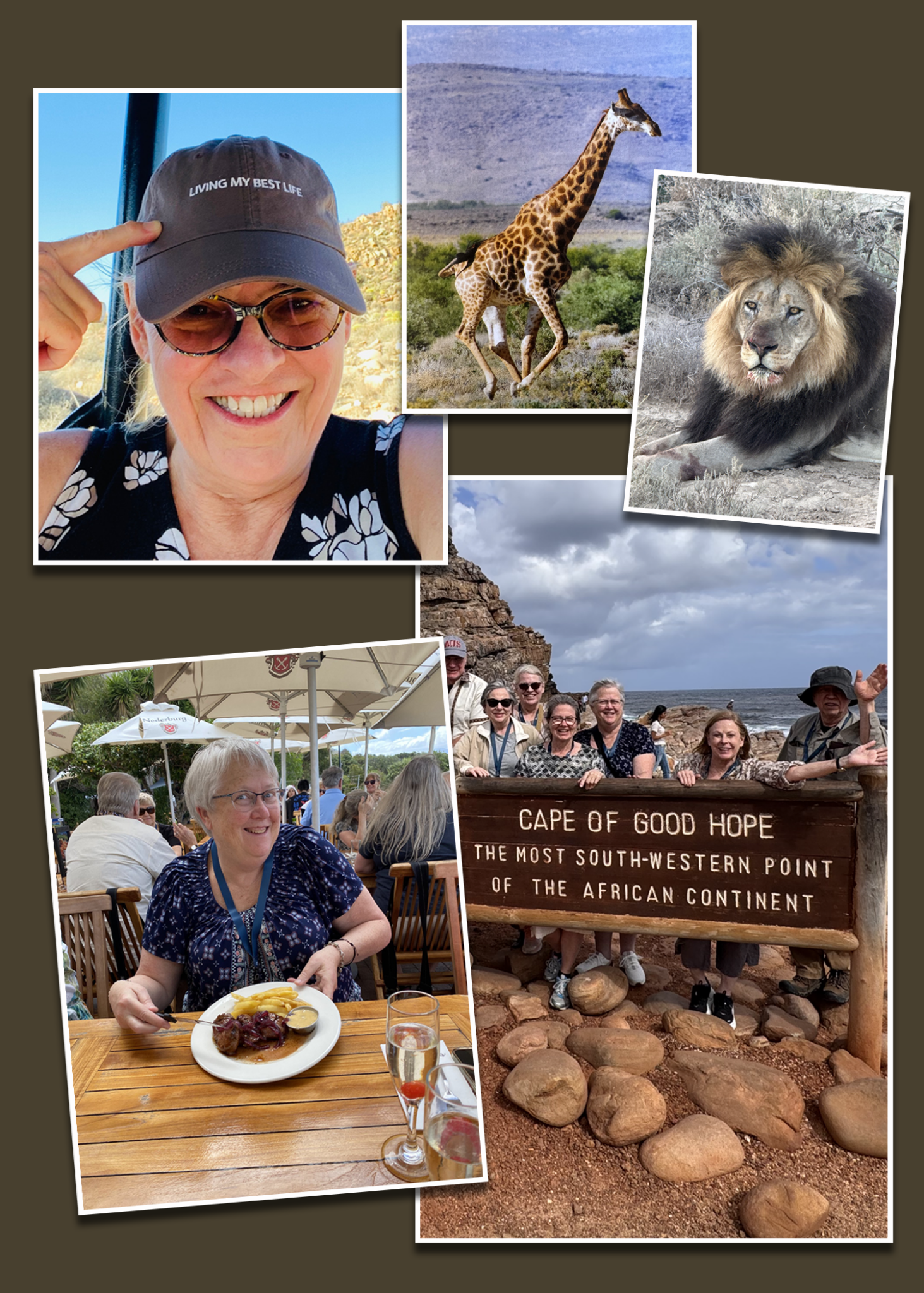 Collage of travel photos from Africa, including a woman smiling and pointing to her cap, a giraffe in the wild, a lion resting, a group of people at Cape of Good Hope, and a woman dining at an outdoor restaurant.