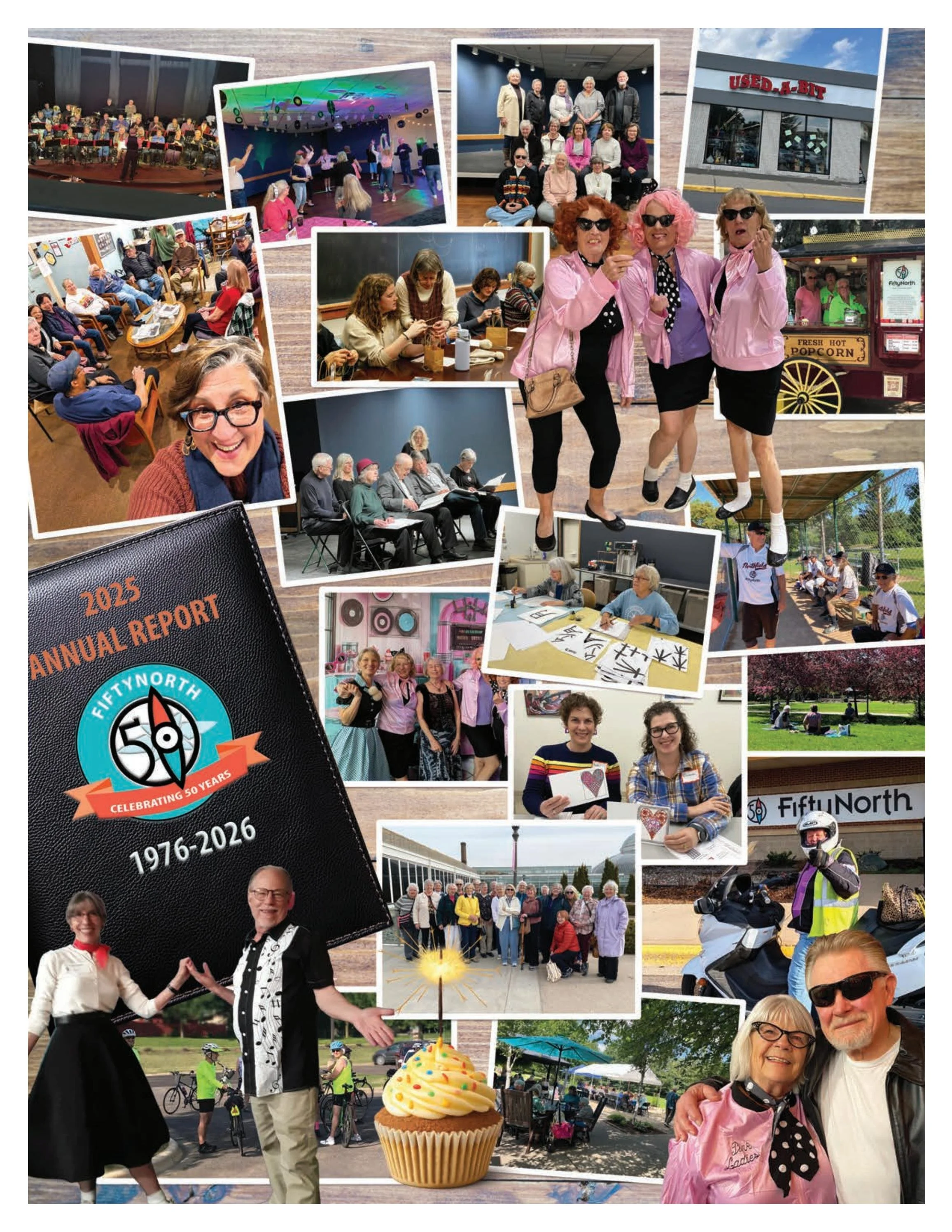 A collage of photos from a community event celebrating fifty years of FiftyNorth. The images include music performances, group photos, people enjoying food and drinks, outdoor activities, and a cupcake with sprinkles. The event features a variety of age groups and activities such as biking, playing, and socializing.