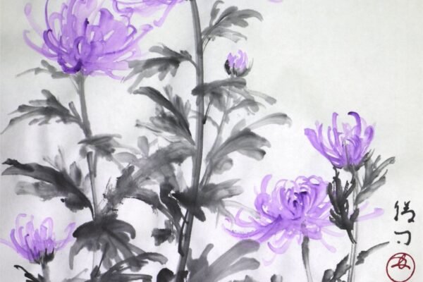 Watercolor painting of purple chrysanthemums with gray leaves on a white background.