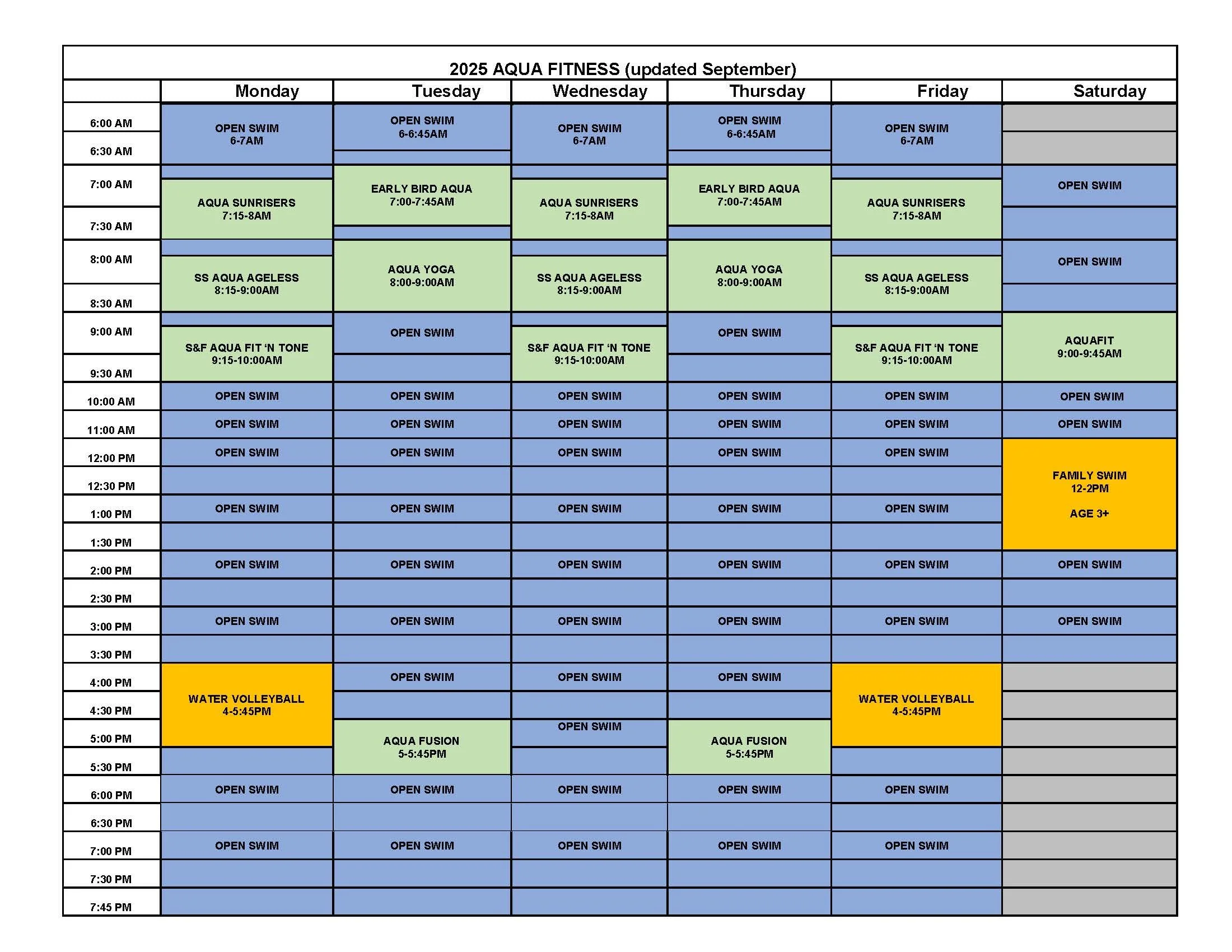 A weekly schedule for Aqua Fitness classes in September 2025, with various class names, times, and days, color-coded in blue, green, gray, and yellow.