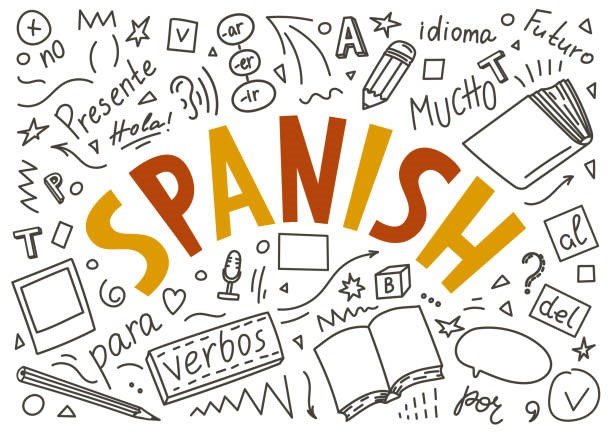Illustration promoting Spanish language learning with the word 'SPANISH' in large letters surrounded by doodles of books, speech bubbles, a microphone, and words related to language learning like verbs and idioms.