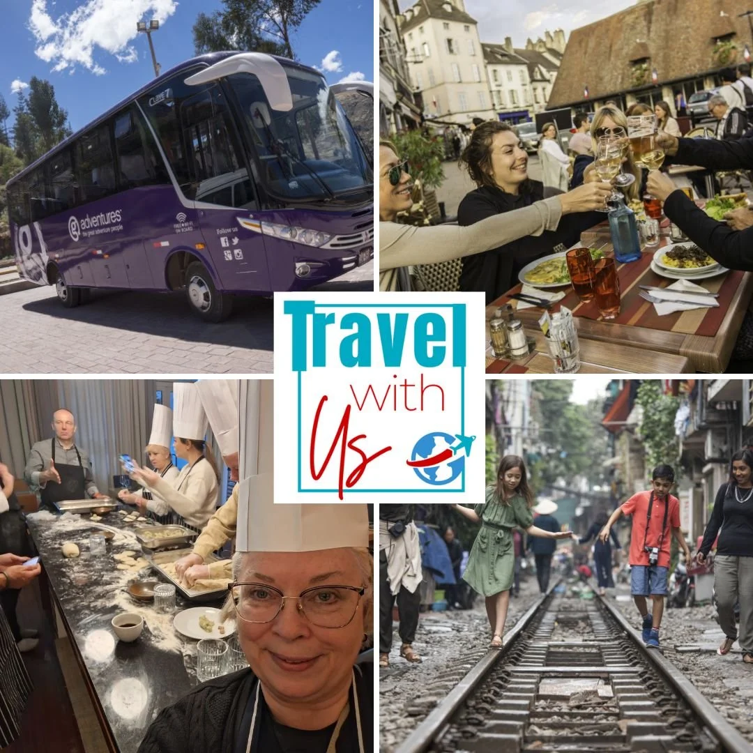 Collage of travel scenes: a purple tour bus on a sunny day, friends celebrating at an outdoor cafe, a woman chef in a kitchen preparing food, and children walking along train tracks, with a central logo reading 'Travel with Us'.
