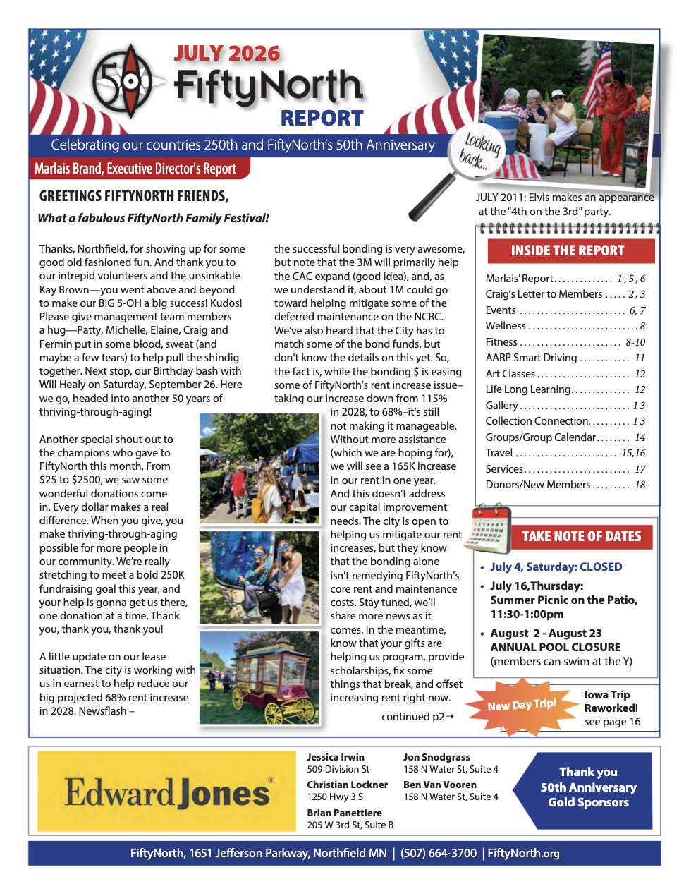 A community newsletter celebrating FiftyNorth's 50th anniversary with photos of outdoor events, volunteers, and community members, along with reports, schedules, and advertisements.