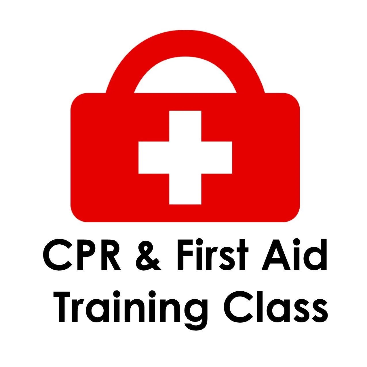 Red first aid kit icon with a white cross and black text reading 'CPR & First Aid Training Class' underneath.