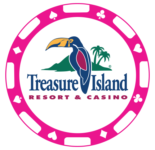 Treasure Island Resort & Casino logo with a toucan, palm tree, green mountain, pink casino chips border.