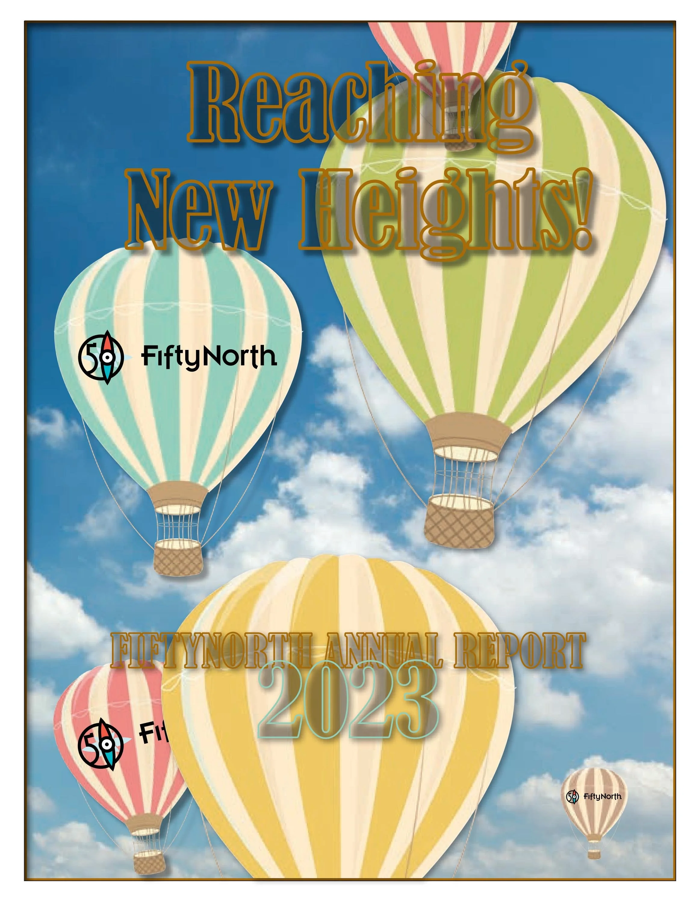 A sky filled with hot air balloons in various pastel colors, each carrying a label for the FiftyNorth 50th Annual Report 2023.